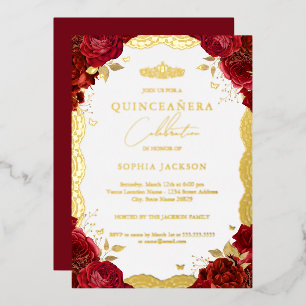 Invitation En Aluminium Rose rouge Quinceanera Or dentelle Anniversaire