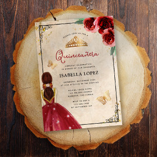 Invitation En Aluminium Rose Rouge Vintage Élégant Quinceañera Or Réel