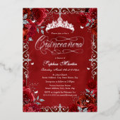 Invitation En Aluminium Rose Royal Red Silver Butterfly Quinceanera (Recto)