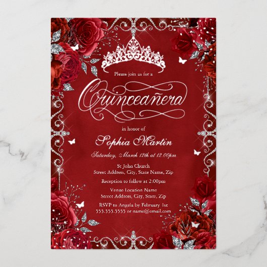 Invitation En Aluminium Rose Royal Red Silver Butterfly Quinceanera (Recto)