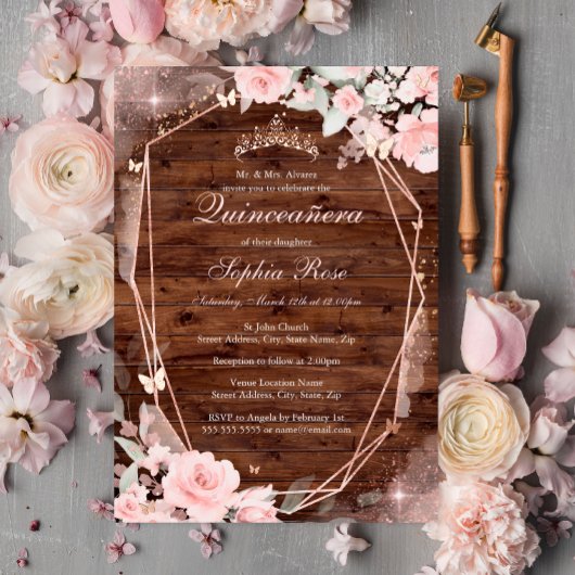 Invitation En Aluminium Rose Rustique Papillon rose or Floral Quinceanera