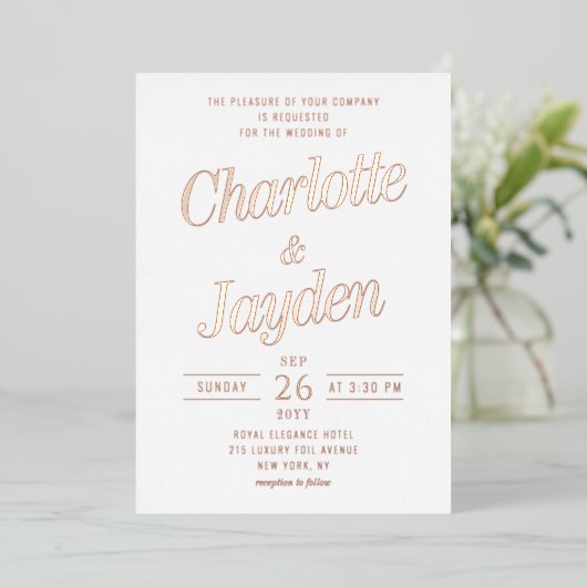 Invitation En Aluminium Rose simple élégant Gold Script Mariage photo (Debout devant)