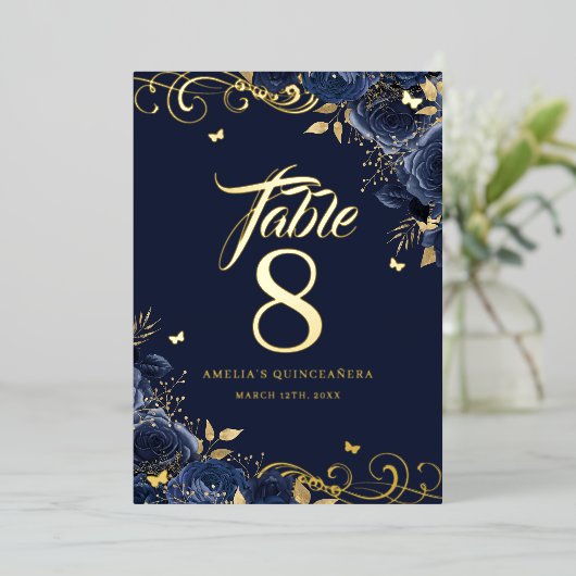 Invitation En Aluminium Rose Swirl Navy Quinceanera Gold Table Number (Debout devant)