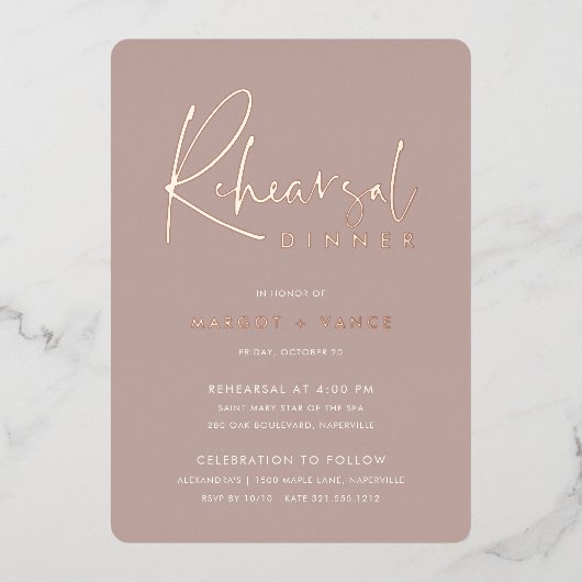 Invitation En Aluminium Rose Taupe Moderne Minimal Script Répétition Dîner (Recto)