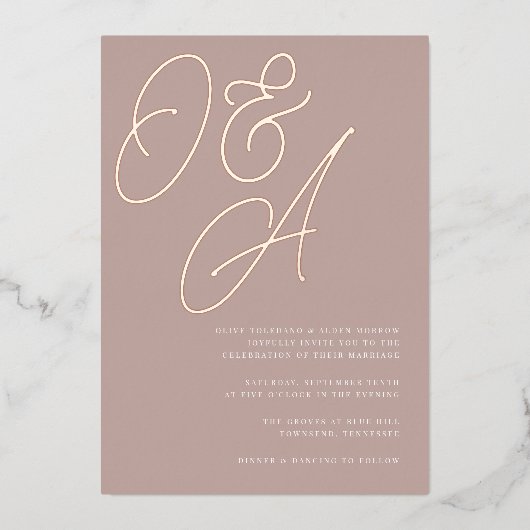 Invitation En Aluminium Rose Taupe | Rose Gold Script Monogram Mariage (Recto)