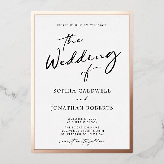 Invitation En Aluminium Rose tendance Gold Calligraphy Script Mariage (Recto)