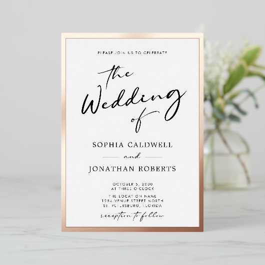 Invitation En Aluminium Rose tendance Gold Calligraphy Script Mariage (Debout devant)