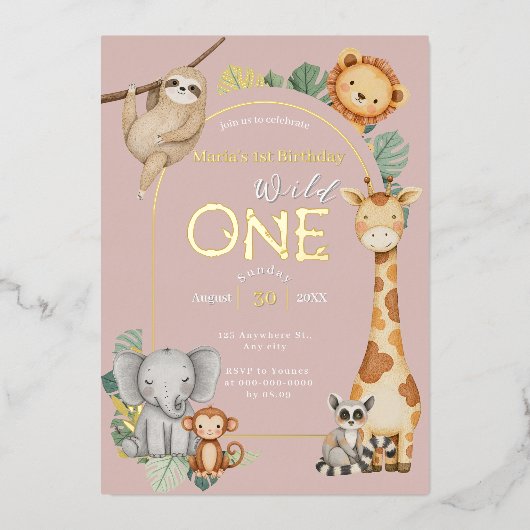 Invitation En Aluminium Rose Tropical Wild One Jungle Safari Animaux  (Recto)