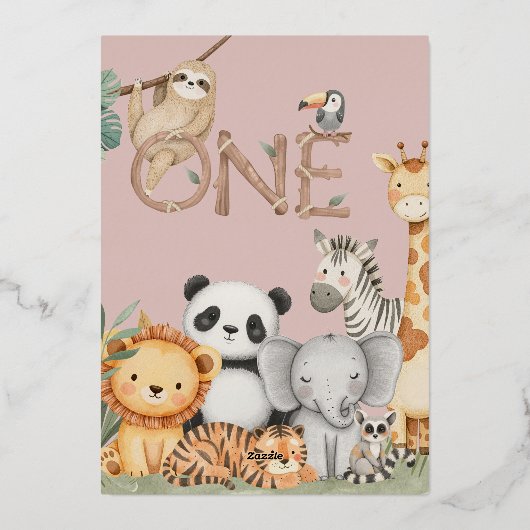 Invitation En Aluminium Rose Tropical Wild One Jungle Safari Animaux  (Verso)