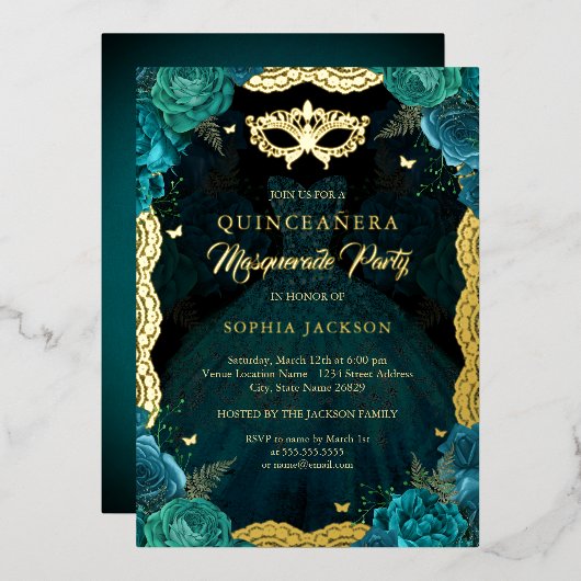 Invitation En Aluminium Rose turquoise Gold Masquerade Party Robe Quincean (Recto/Verso)