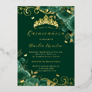 Invitation En Aluminium Rose Verte Florale Or Tourbillon Quinceanera