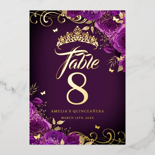 Invitation En Aluminium Rose violet Swirl Quinceanera Gold Table Numéro (Recto)