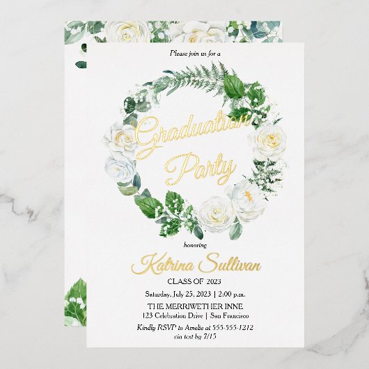 Invitation En Aluminium Roses blanches | Eucalyptus Green Graduation 2023 (Recto/Verso)