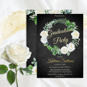 Invitation En Aluminium Roses blanches Fête de fin d'études avec verdure