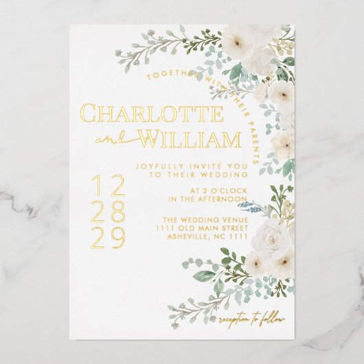 Invitation En Aluminium Roses blanches rustiques Verdure Mariage moderne (Recto)