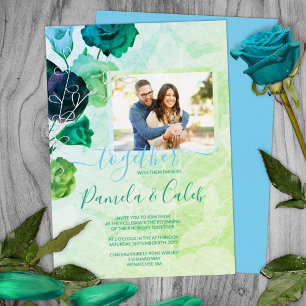 Invitation En Aluminium Roses Bleu, Vert, Turquoise Mariage Argent
