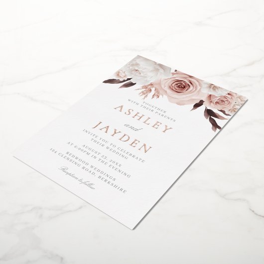 Invitation En Aluminium Roses bleus & Fleurs blanches Mariage Rose or (Rotation)