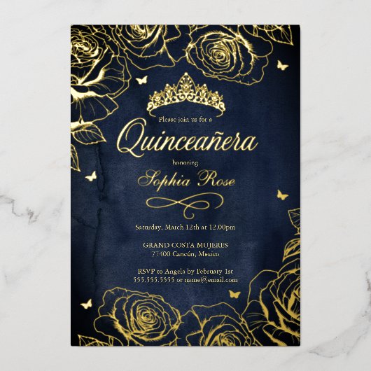Invitation En Aluminium Roses de la Couronne d'or de la Marine Quinceanera (Recto)