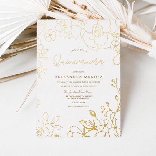 Invitation En Aluminium Roses en feuille d'or dorées Fête Quinceanera