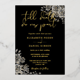 Invitation En Aluminium Roses florales gothiques Mariage noir et or