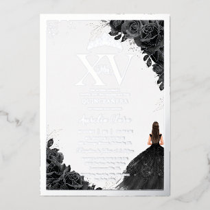 Invitation En Aluminium Roses Noires Fleur Quinceañera Quince 15 XV Argent