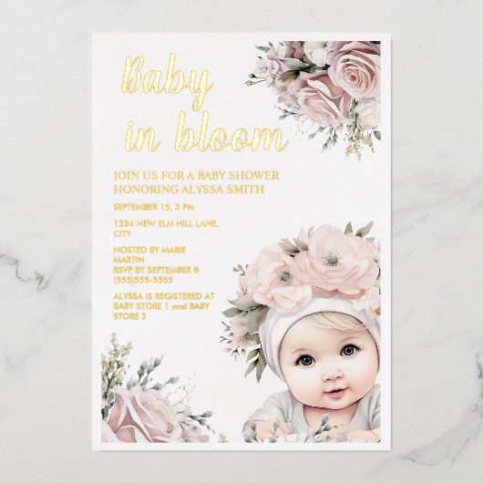 Invitation En Aluminium Roses roses roses bébé en Fleur Baby shower fille (Recto)