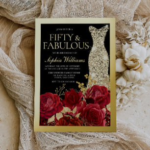 Invitation En Aluminium Roses Rouges & 50e Anniversaire Noir Or