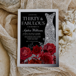 Invitation En Aluminium Roses Rouges & Feuille d'Argent Noir 30e Anniversa