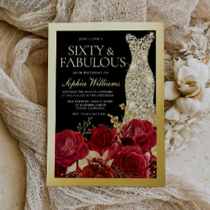 Invitation En Aluminium Roses Rouges & Feuille d'Or Noir 60e Anniversaire