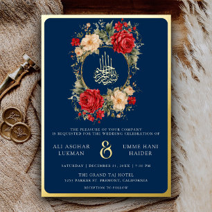 Invitation En Aluminium Roses Rouges Fleurs d'Ivoire Bleu Marine Mariage O
