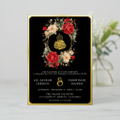 Invitation En Aluminium Roses rouges Fleurs d'ivoire Noir Musulman Mariage (Debout devant)