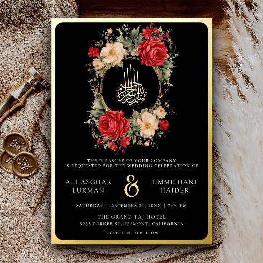 Invitation En Aluminium Roses rouges Fleurs d'ivoire Noir Musulman Mariage