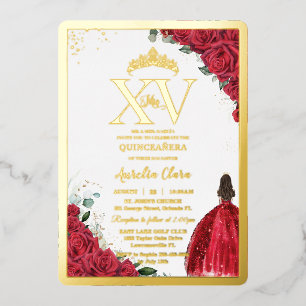 Invitation En Aluminium Roses rouges Floral Quinceañera Quince 15 XV Or