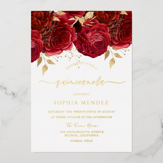 Invitation En Aluminium Roses Rouges Romantiques Elégante Quinceanera Part (Recto)