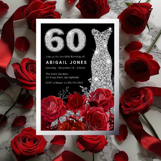 Invitation En Aluminium Roses rouges Roses Diamond Robe 60e Anniversaire A