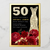 Invitation En Aluminium Roses rouges Roses dorées 50e Anniversaire de fête (Recto)