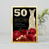 Invitation En Aluminium Roses rouges Roses dorées 50e Anniversaire de fête (Debout devant)