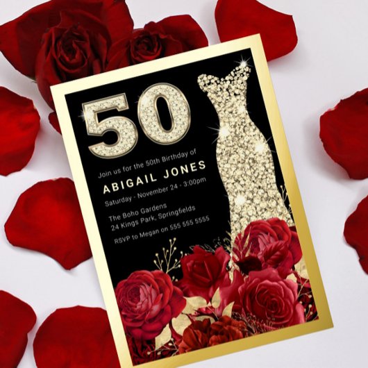 Invitation En Aluminium Roses rouges Roses dorées 50e Anniversaire de fête