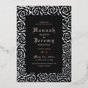 Invitation En Aluminium Roses Vintage Élégant Argent Noir
