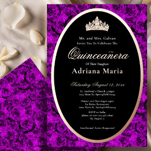 Invitation En Aluminium Roses Violettes Élégantes Quinceanera Rose Gold  