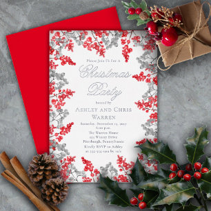 Invitation En Aluminium Rouge   Baies de houx gris floral Noël Party