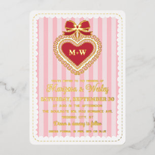 Invitation En Aluminium Rouge Coquette Mariage à Cœur à Fronces et Rayures