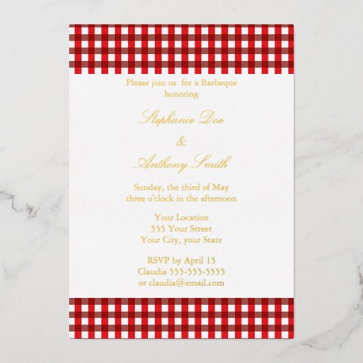 Invitation En Aluminium Rouge et blanc En vichy Motif Barbeque Mariage (Recto)