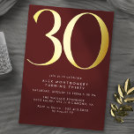 Invitation En Aluminium Rouge et or de Bourgogne | Luxe Maroon 30e anniver<br><div class="desc">Invitations de style moderne à 30ème anniversaire avec un grand cap "30" en véritable papier métallique. Les détails de votre événement sont imprimés ci-dessous en caractères blanc mat. Design unisexe avec accents or sur un rouge bordeaux foncé. (Les couleurs Arrière - plans peuvent être modifiées à l'aide de l'outil de...</div>