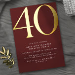 Invitation En Aluminium Rouge et or de Bourgogne | Luxe moderne 40e annive<br><div class="desc">Style minimaliste moderne invitations à 40e anniversaire avec titre "40" texte en vrai papier métallique. Les détails de votre événement sont imprimés en blanc mat. L'or accentue un arrière - plan rouge foncé.</div>