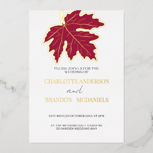 Invitation En Aluminium Rouge Feuille d'érable Mariage or (Recto)