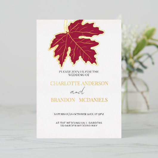 Invitation En Aluminium Rouge Feuille d'érable Mariage or (Debout devant)