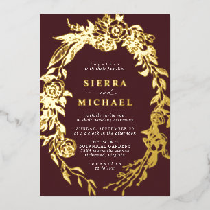 Invitation En Aluminium Rouge foncé et or Mariage floral Luxe Bourgogne