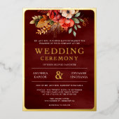 Invitation En Aluminium Rouge Maroon Floral Photo Mariage Indien Or (Recto)