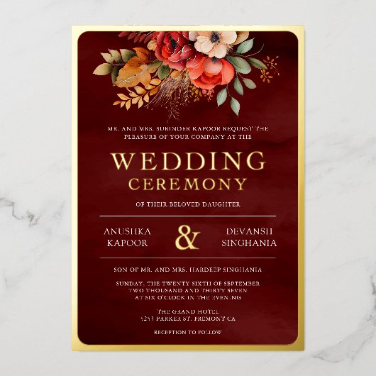 Invitation En Aluminium Rouge Maroon Floral Photo Mariage Indien Or (Recto)